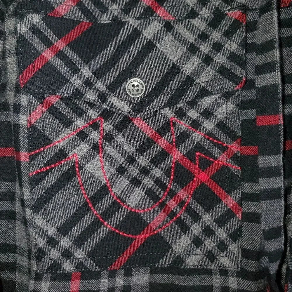 True Religion Mens Plaid Utility Hoodie Black Red Hooded Flannel Shirt Small